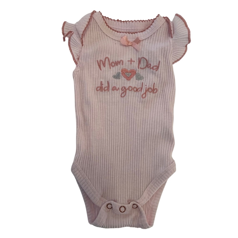 Tahari Baby Pink Ribbed Flutter Sleeve Bodysuit Mom + Dad Did A Good Job 3-6M
